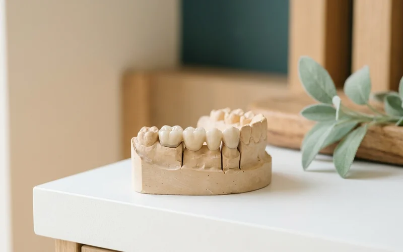 Dental model showing a bridge with two crowned support teeth and a replacement tooth