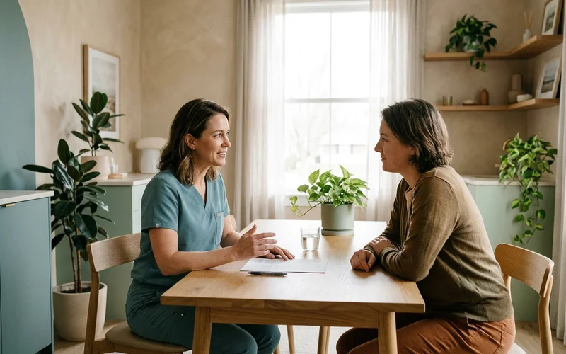 Dentist and patient discussing a printed treatment plan