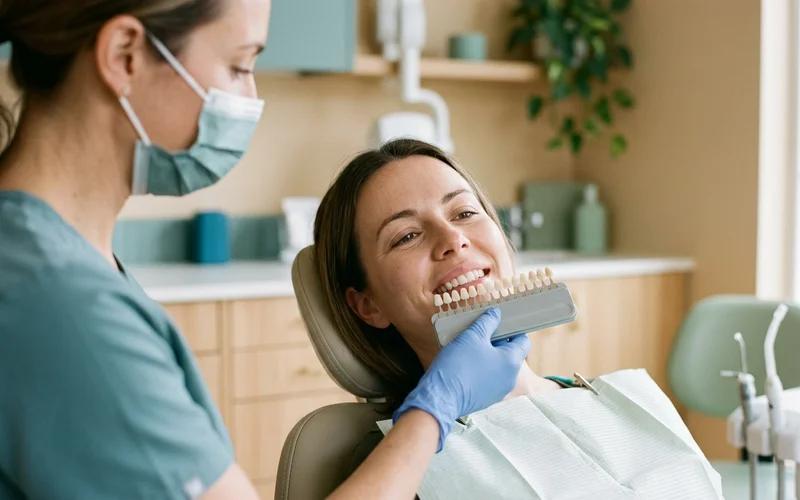 Dentist recording tooth shade with a shade tab before whitening