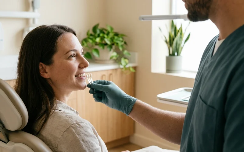 Dentist matching a shade guide to a patient's front teeth