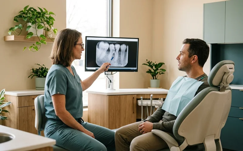 Dentist explaining an X-ray of a broken back tooth to a patient
