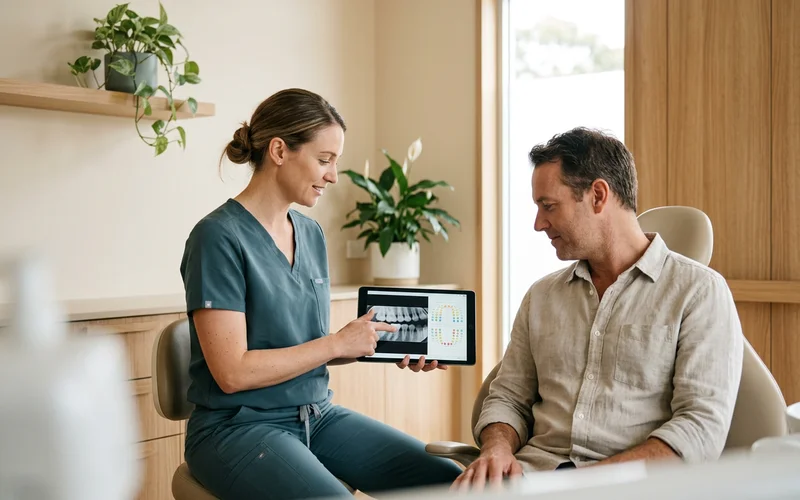 Dentist explaining bitewing X-rays and a dental chart to a patient