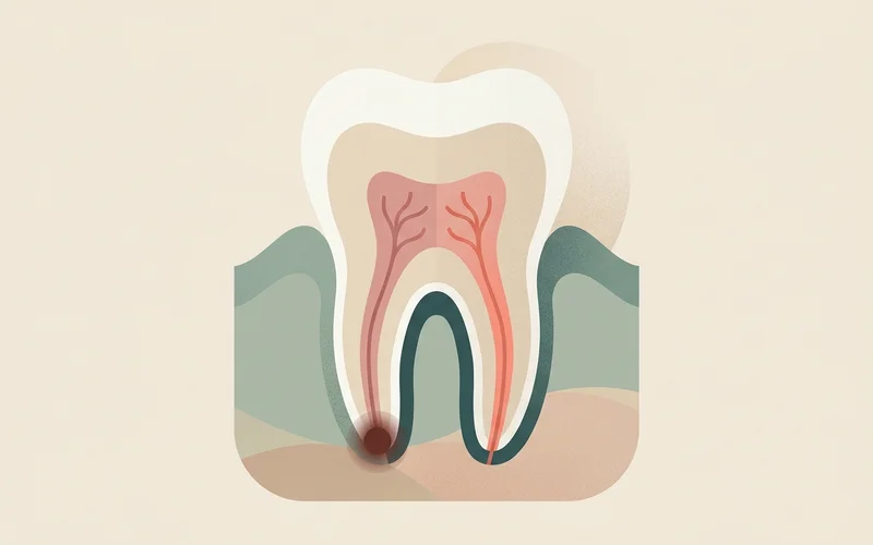 Diagram of a tooth showing the pulp, root canals and an infection at the root tip