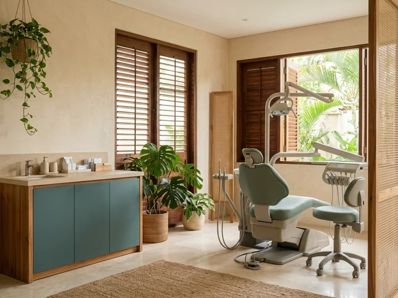 Calm, bright dental clinic interior with plants and natural wood