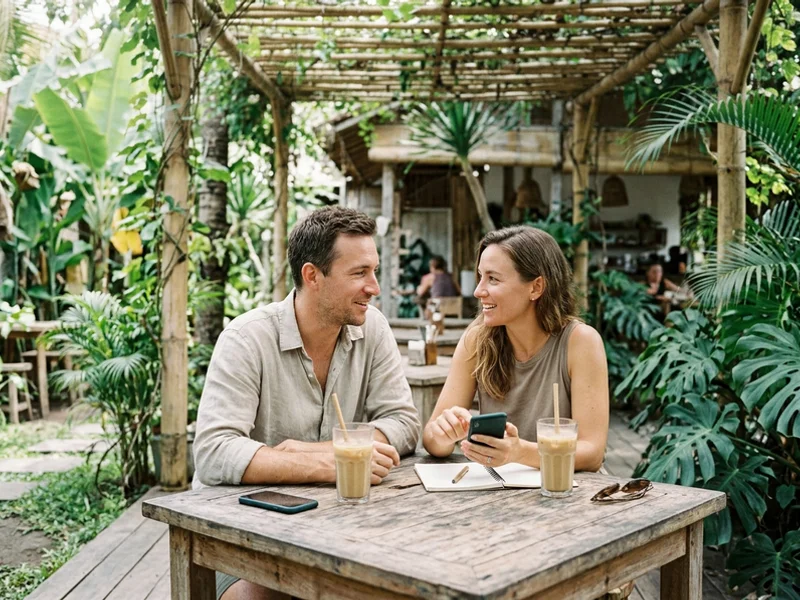Couple at a Bali cafe planning a dental appointment on a phone