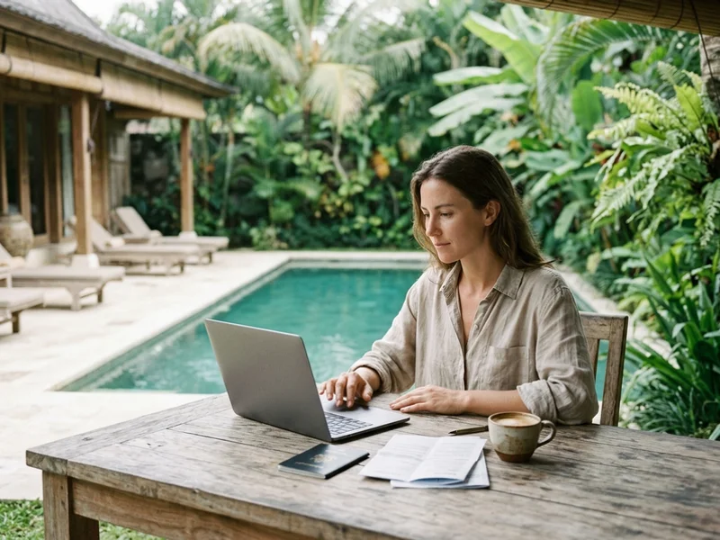 Traveller reading dental information with travel insurance papers on a villa table