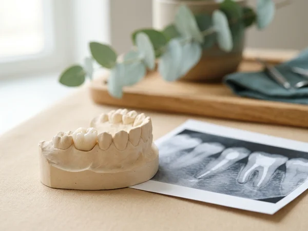 Crown on a model beside an X-ray of filled root canals