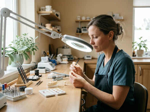 Dental lab technician finishing a crown