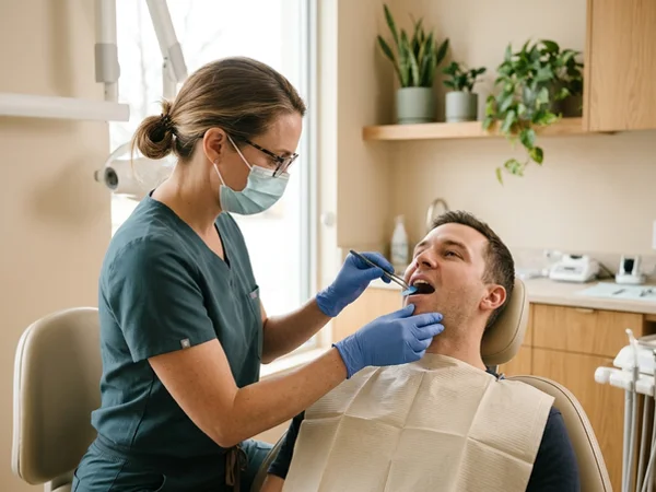 Dentist checking the bite after fitting a new crown