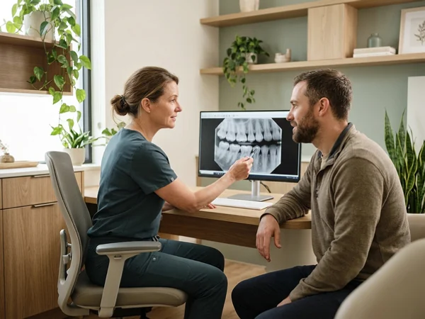 Dentist showing a small cavity on an X-ray