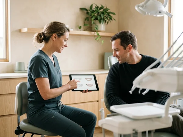Dentist explaining cosmetic treatment options on a tablet