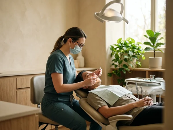 Dentist gently examining a patient's painful tooth