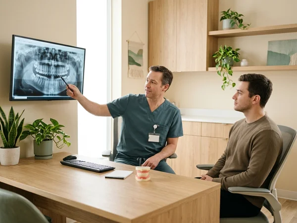 Dentist discussing wisdom tooth removal using a panoramic X-ray