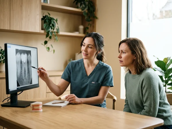 Dentist reviewing an X-ray of an infected tooth with a patient