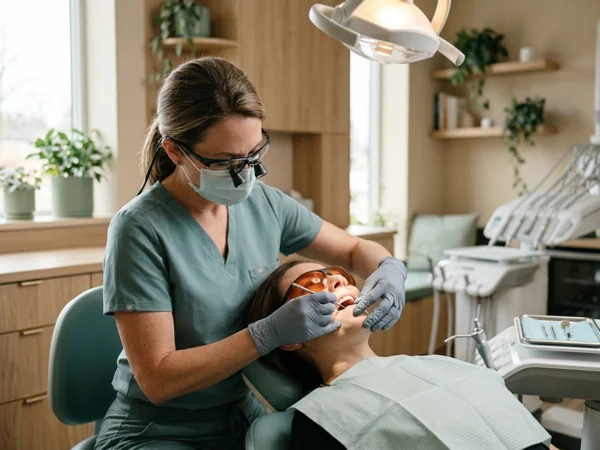 Dentist shaping composite bonding on a front tooth
