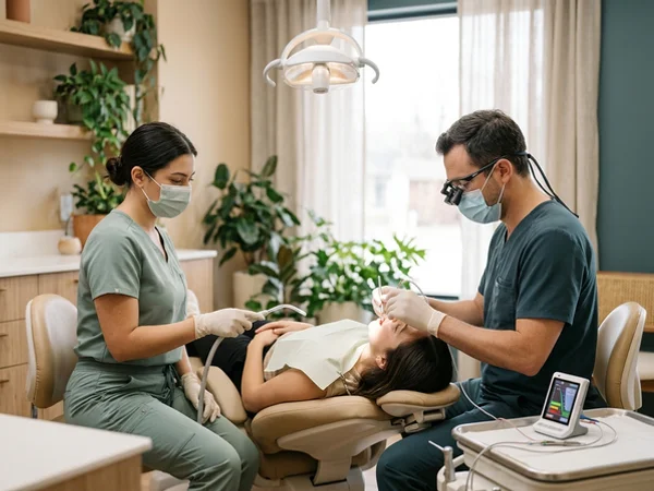 Dentist measuring root canals with an apex locator