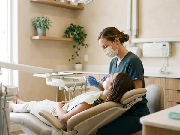 Dentist checking a patient's gums during an examination