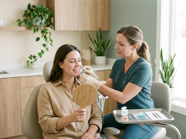 Hygienist showing a patient how to use interdental brushes