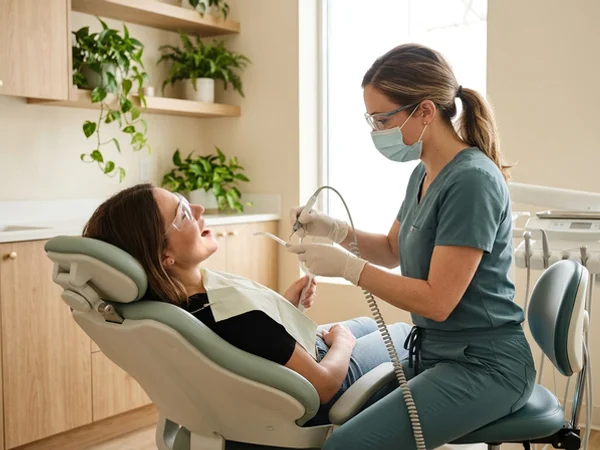 Hygienist removing tartar with an ultrasonic scaler