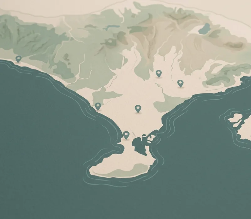 Map of south Bali showing Canggu, Seminyak, Kuta, Denpasar, Sanur and Ubud