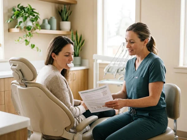 Patient biting on gauze while receiving aftercare instructions