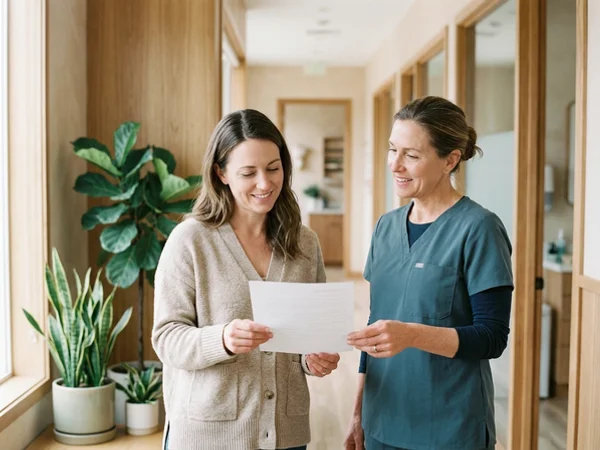 Patient reading a written treatment plan after a check-up