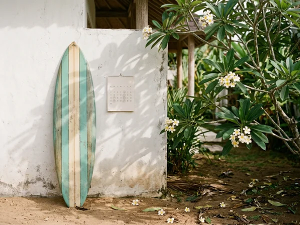 Surfboard resting against a villa wall during recovery days