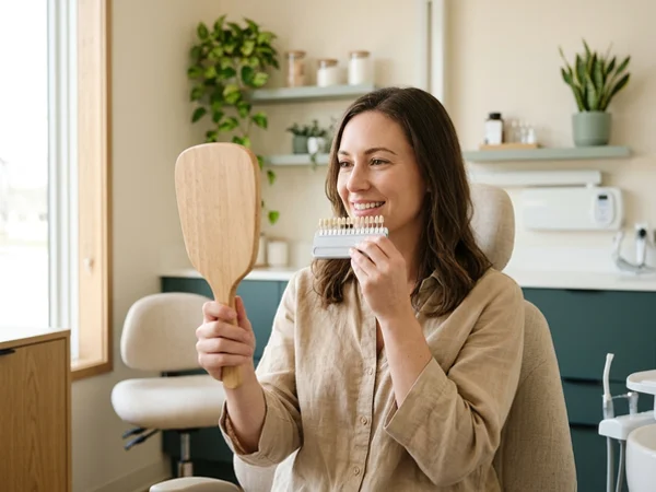 Patient comparing her new tooth shade with a shade guide