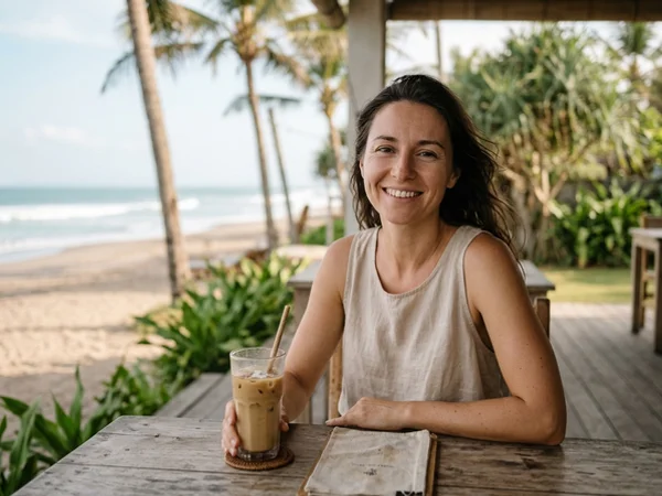 Woman smiling naturally at a beachside cafe