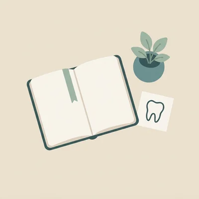 Illustration of an open notebook, a tooth outline and a small plant